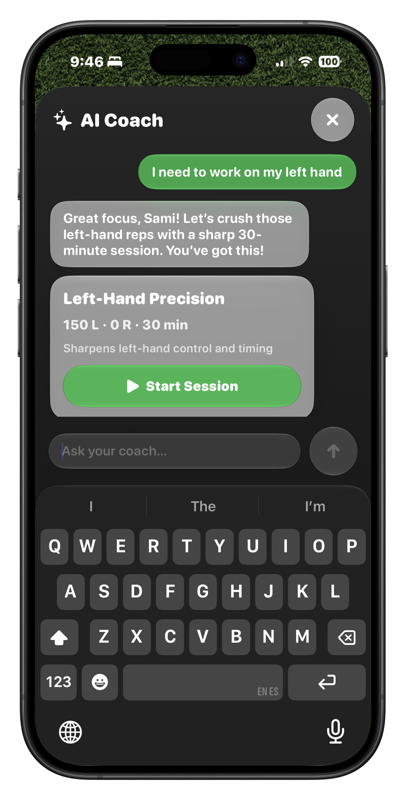 AI Coach chat building a left-hand workout