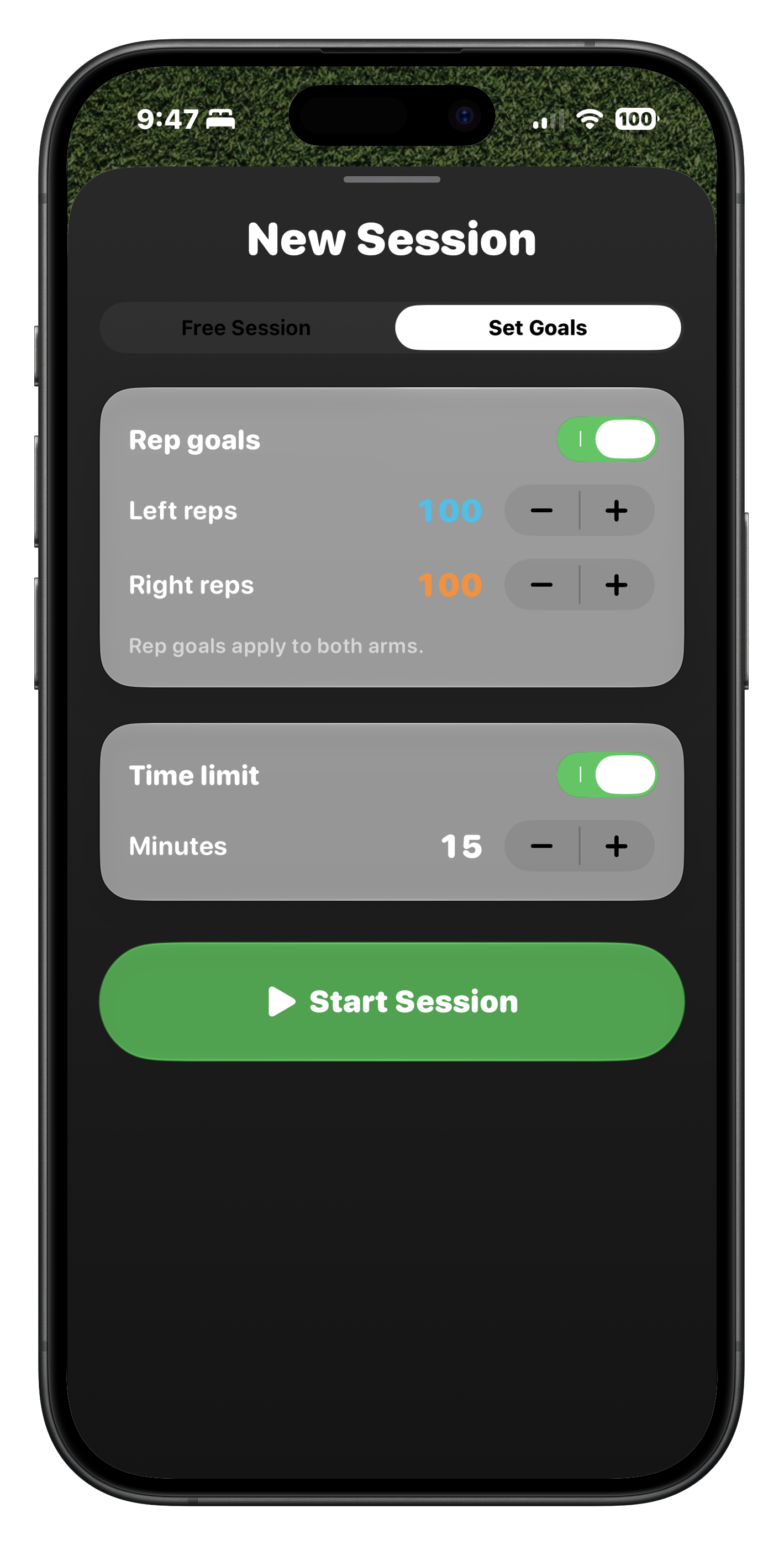 New session screen with rep goals and a time limit