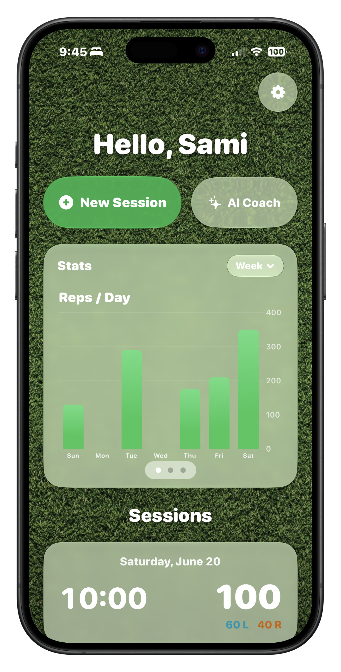 Lax App home screen showing reps-per-day stats and a recent session